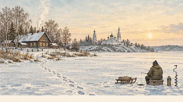 Иллюстрация к статье «Зимняя рыбалка на озере Неро: лёд, безопасность и ночёвка у камина»